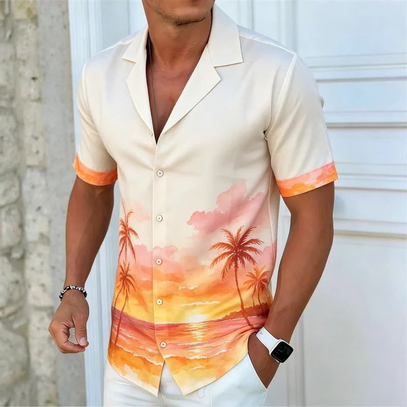 Men's watercolor landscape printed Hawaiian shirt, vibrant tropical style, suitable for both home and daily travel