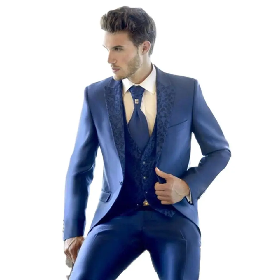 

New Classic Men’s Suit Smolking Noivo Terno Slim Fit Easculino Evening Suits For Men Latest Design Blue Tailored Prom Business