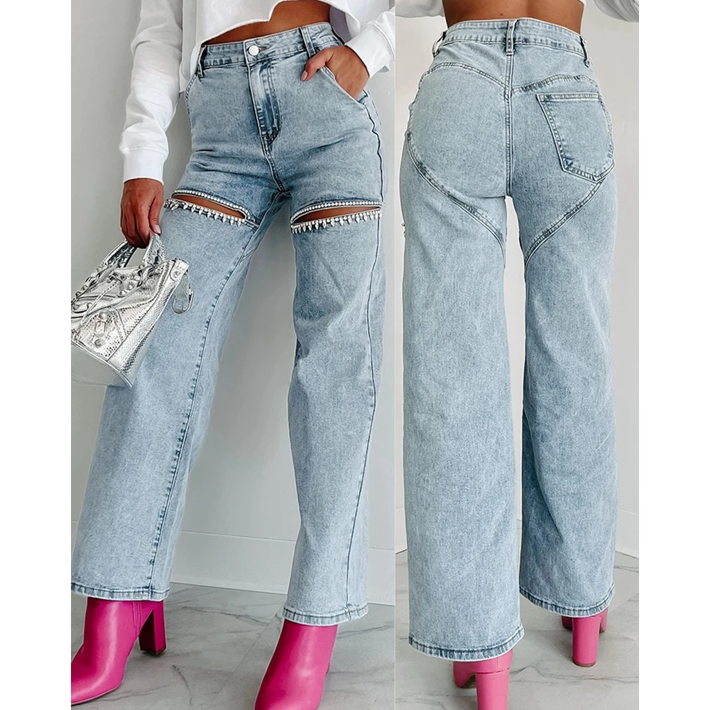 Washed Rhinestone Decor Cut Out Straight Leg High Waist Jeans Casual Denim Vintage Pants for Women