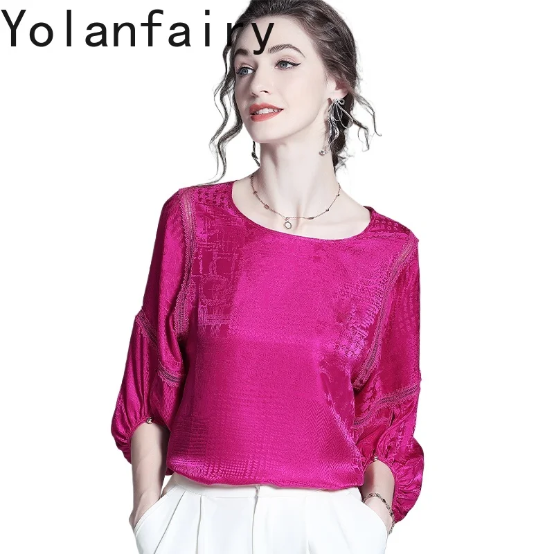 

YOLANFAIRY High-end 100% Natural Mulberry Silk T Shirt Women Summer Luxury Vintage Jacquard Top Loose Elegant T Shirts Blouse