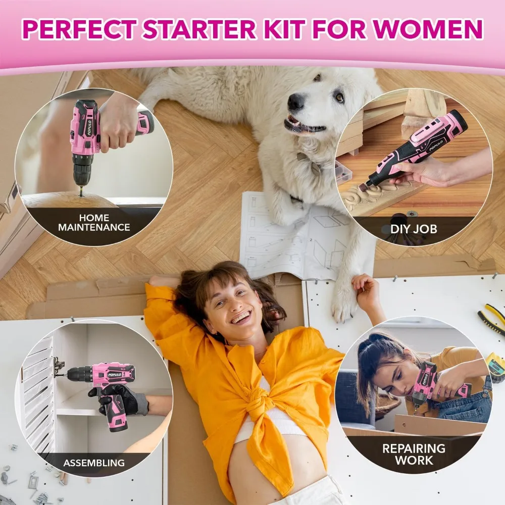 مجموعة أدوات لاسلكية مدمجة 12 فولت للسيدات: بطاريتين، مثقاب، محرك صدمي، وأداة دوارة