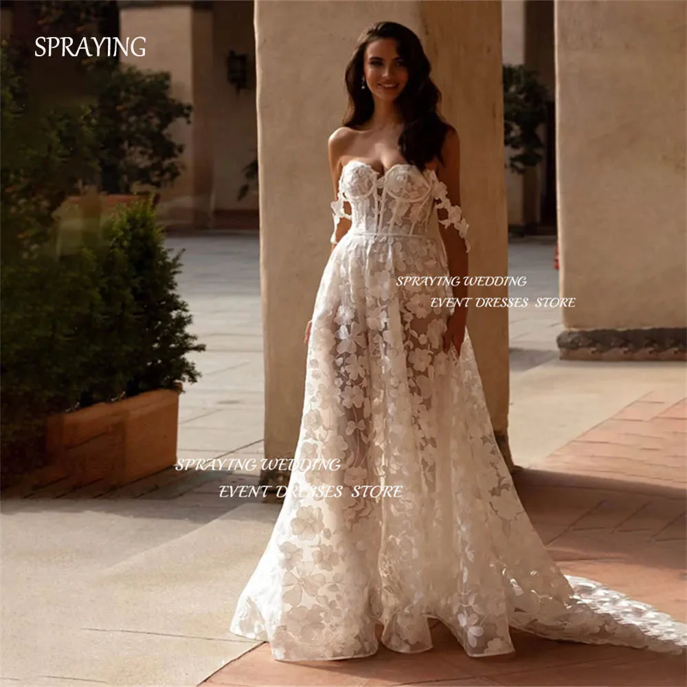 SPRAYING Luxury Sweetheart Cap Sleeve Lace Fabric Wedding Dress A-line Long Sweep Train Sexy Bridal Gowns Photo Shoot Zip Back