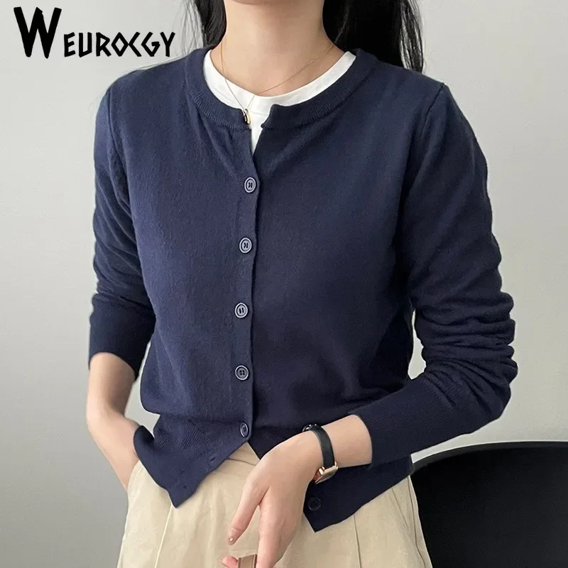 

2024 Autumn Winter Korean Edition Single Breasted Long Sleeve O-Neck Cardigans Solid Knitted Women Cardigan Short Coat Outwear