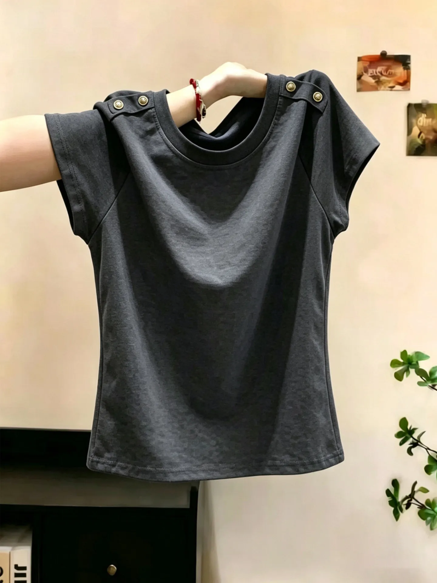 Korean Style Commuter round Neck Short Sleeve T-Shirt Women's Summer New Comfortable Lightweight Unique Atmosphere plus Size Top
