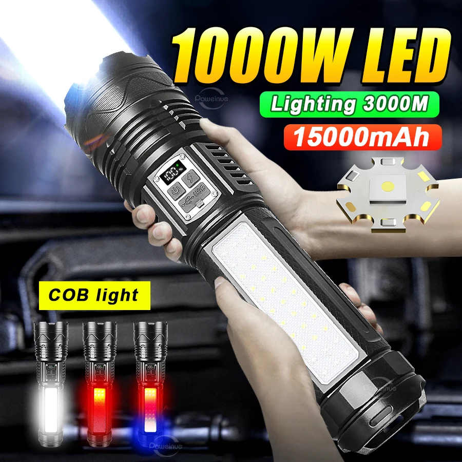 15000mAh Super Powerful LED Flashlight 1000W LED Rechargeable Torch With COB Light Long Shot 3000 Meters High Power Flashlights