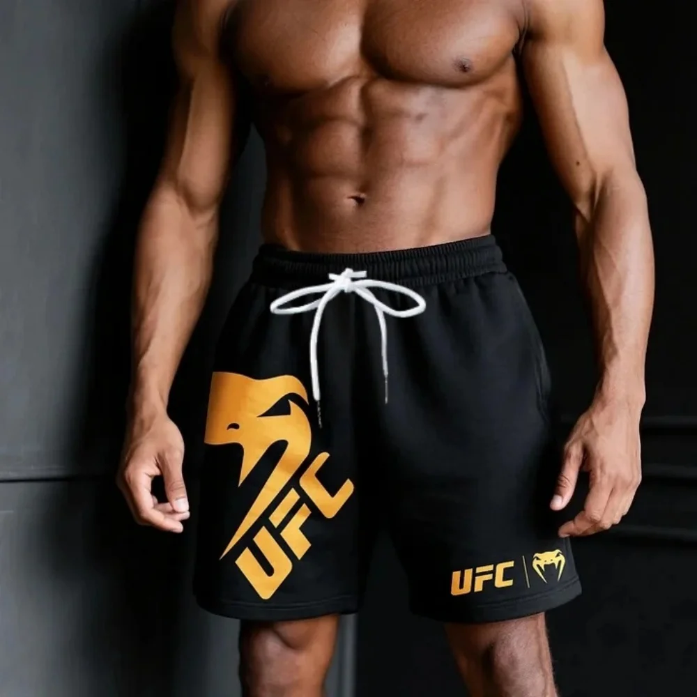 

New summer UFC men's shorts, black snakeskin 3D print, breathable and quick-drying, red logo, suitable for MMA, boxing, gym work