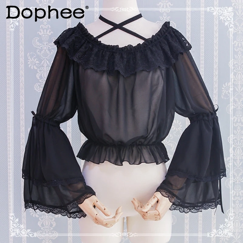 Lolita Long Sleeve Lace-up Lace Chiffon Shirt Women 2024 Spring New Ruffled Sleeve Top Off-Shoulder Blouse Bottoming Shirts