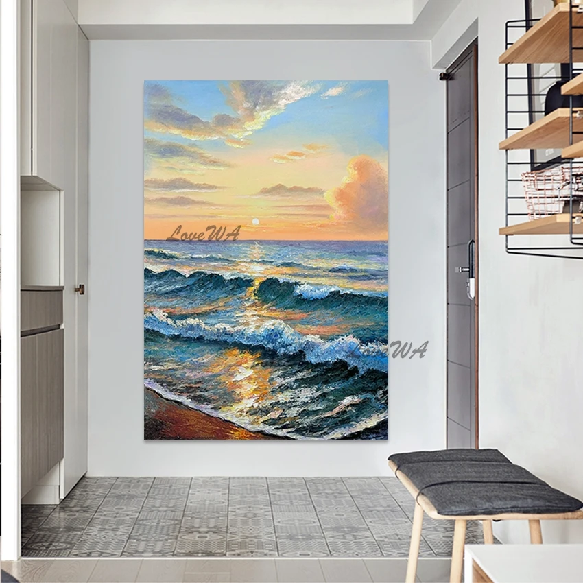 Sunrise Sea Scenery Art Wall, Beautiful Handmade Oil Paintings, Abstract No Framed Canvas Artwork, Natural Landscape Picture