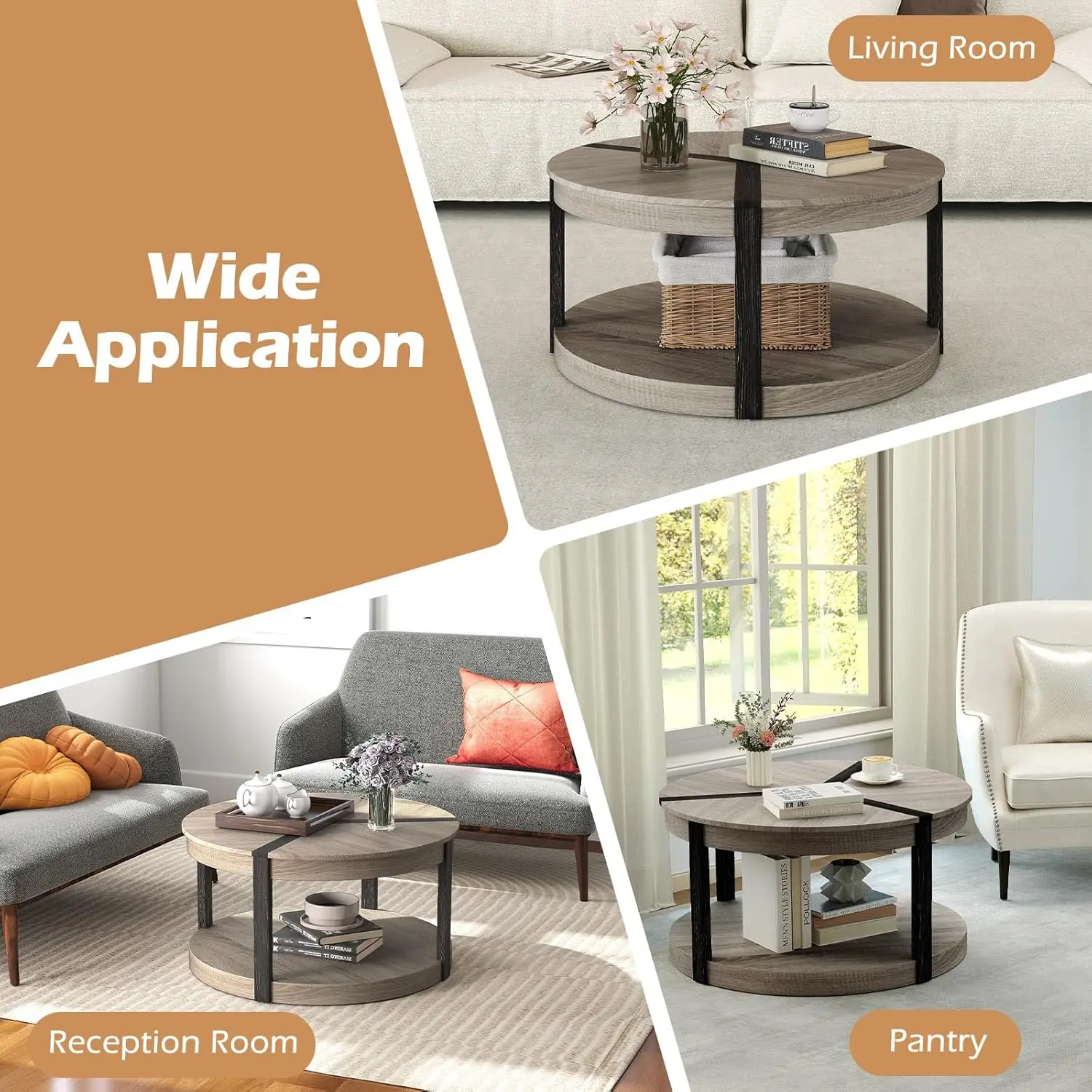 Round Coffee Table, 34.5 Mid Century Modern Circle Cocktail Accent Table with Open Storage Shelf & Rubber Wood Frame, 2