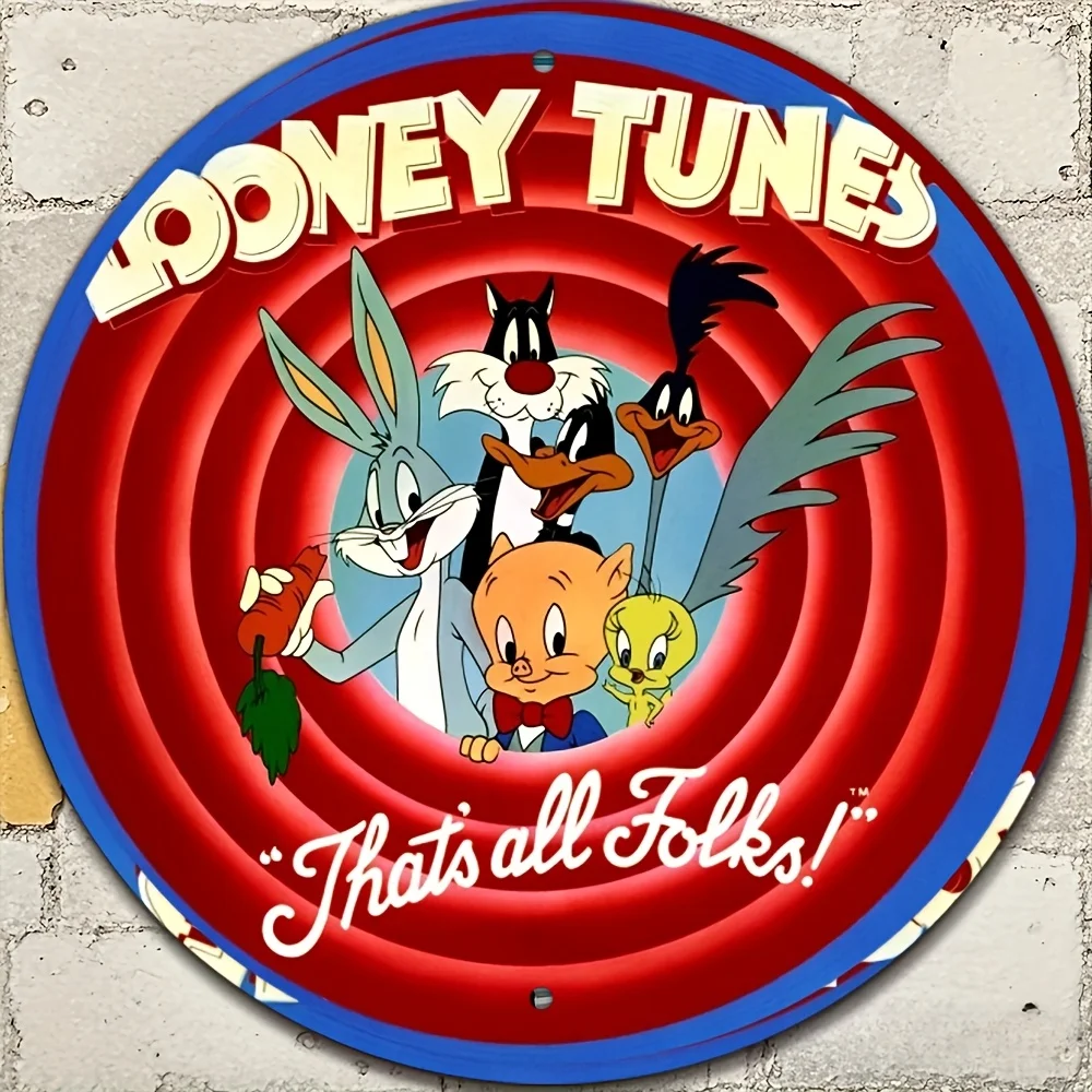 Cartel de aluminio redondo oficial de Warner Bros Looney Tunes Bugs Bunny Daffy Sheldon Duck Porky Pig Diablo de Tasmania, carrito Vintage, 1 ud.