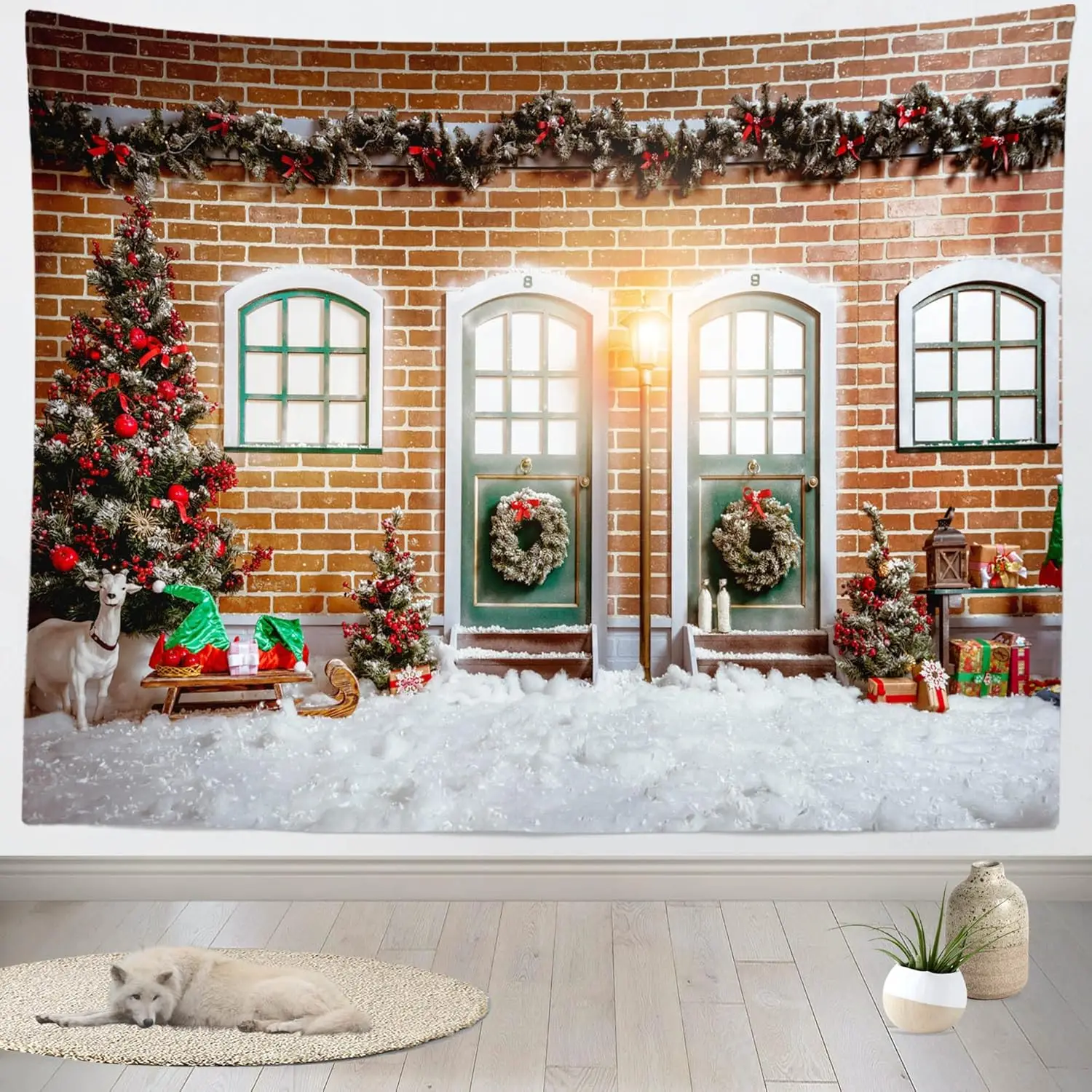 estudio-de-natal-tapecaria-parede-pendurado-natal-portas-de-madeira-janelas-inverno-neve-cena-arvores-de-natal-presentes-arte-decoracao-da-parede-natal