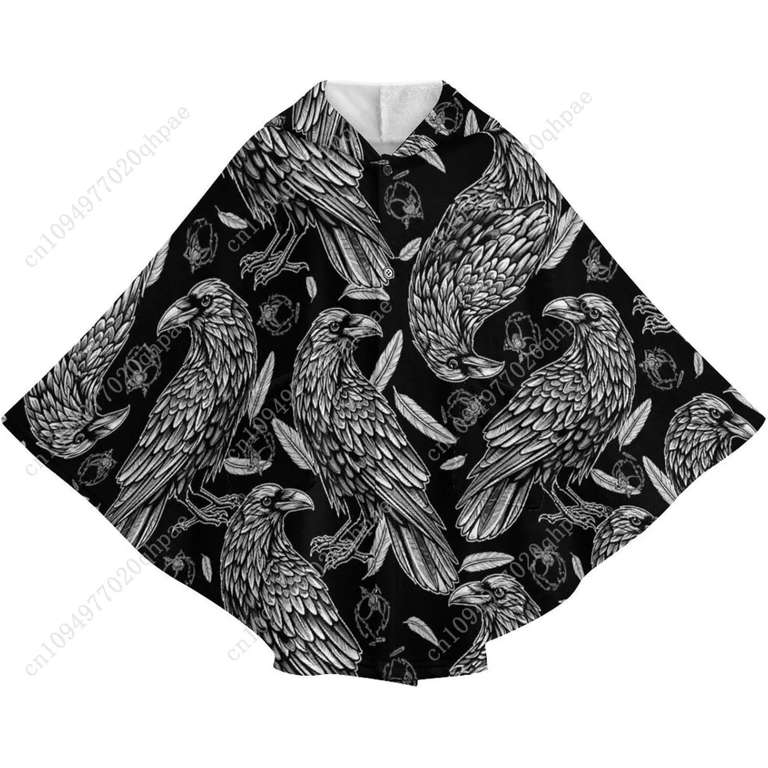 Comodo maglione coperta in flanella, felpa con cappuccio oversize nera con motivo corvo con tasche per bambini e adolescenti