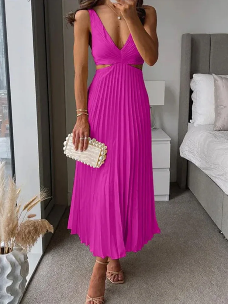 

cloths for woman Women's hollow backless pleated skirt Elegant v collar sleeveless waist cinched pleated dress for summer