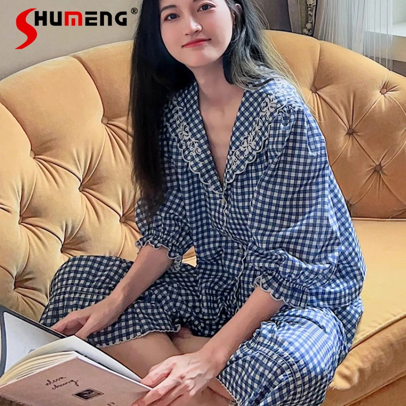 

Свободный комплект домашней одежды с длинными рукавами, женская простая клетчатая хлопковая домашняя одежда в японском стиле, марлевая пижама с кукольным воротником для женщин