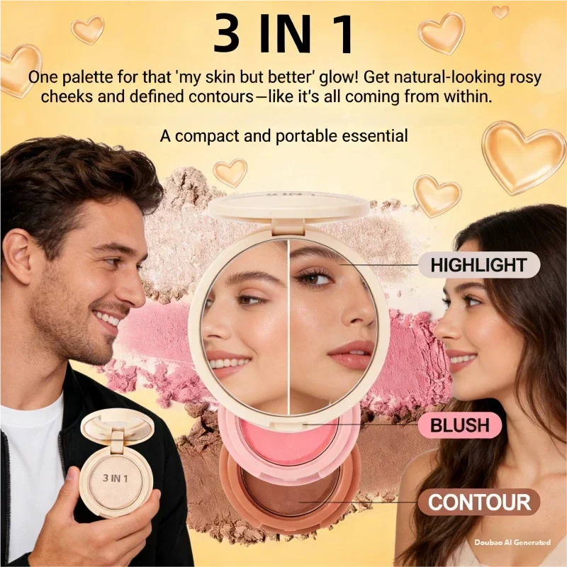 Miss Lara Paleta de maquillaje de 3 capas Rubor de alto brillo Acabado mate nacarado Regalo multifuncional del día de San Valentín para mujeres