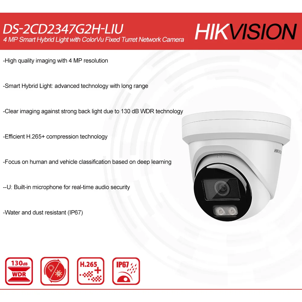 Hikvision Original DS-2CD2347G2H-LIU 4 MP Muti-Language Smart Hybrid Light with ColorVu Fixed Turret Network Camera Built in MIC