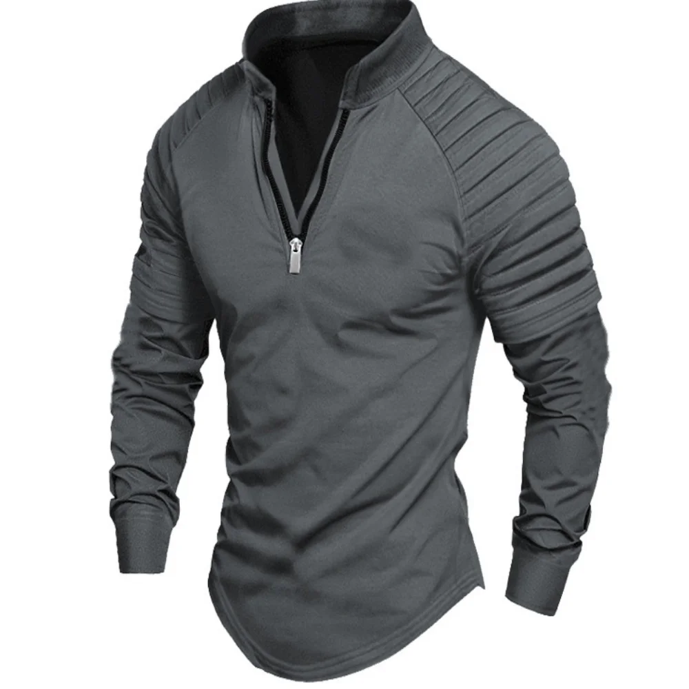 

Men's POLO Shirt Casual Loose Solid Color, Pleated, Zipped, Stand-Up Collar, Sporty, Urban Office, Fashionable Long-Sleeved Top