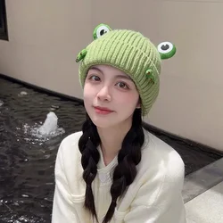 New Trendy Women's Cute Frog Knitted Hat Autumn Winter Outdoor Warm All-match Big Head Circumference Skull Gorras Beanie Cap