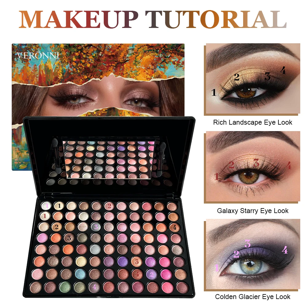 Paleta de Sombras VERONNI com 88 Cores, Pó de Sombras Brilhante, Paleta Profissional de Maquiagem para Olhos Multicolorida para Uso Diário e Palco