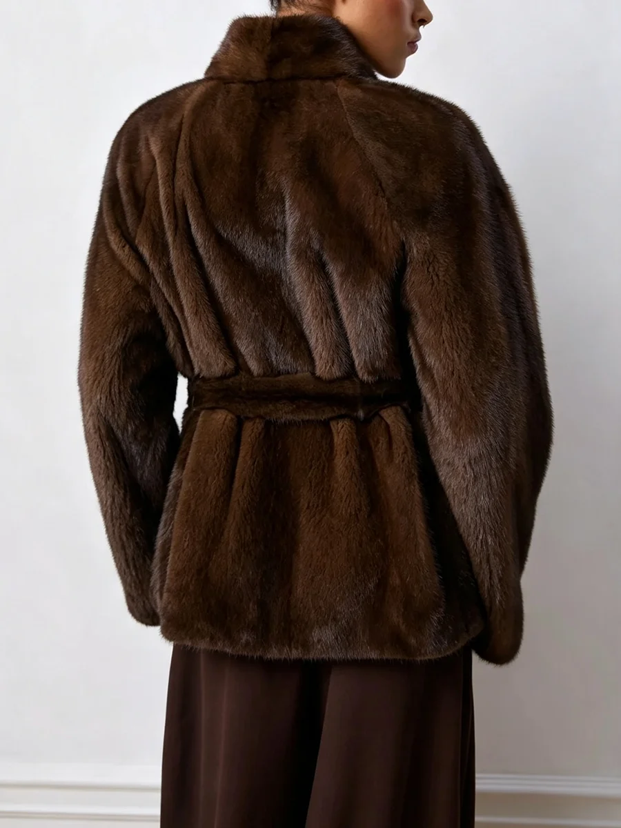 2026 Autumn Winter Women Faux Mink Fur Jacket Shawl Collar Belted Wrap Coat Luxury Fluffy Outerwear Brown