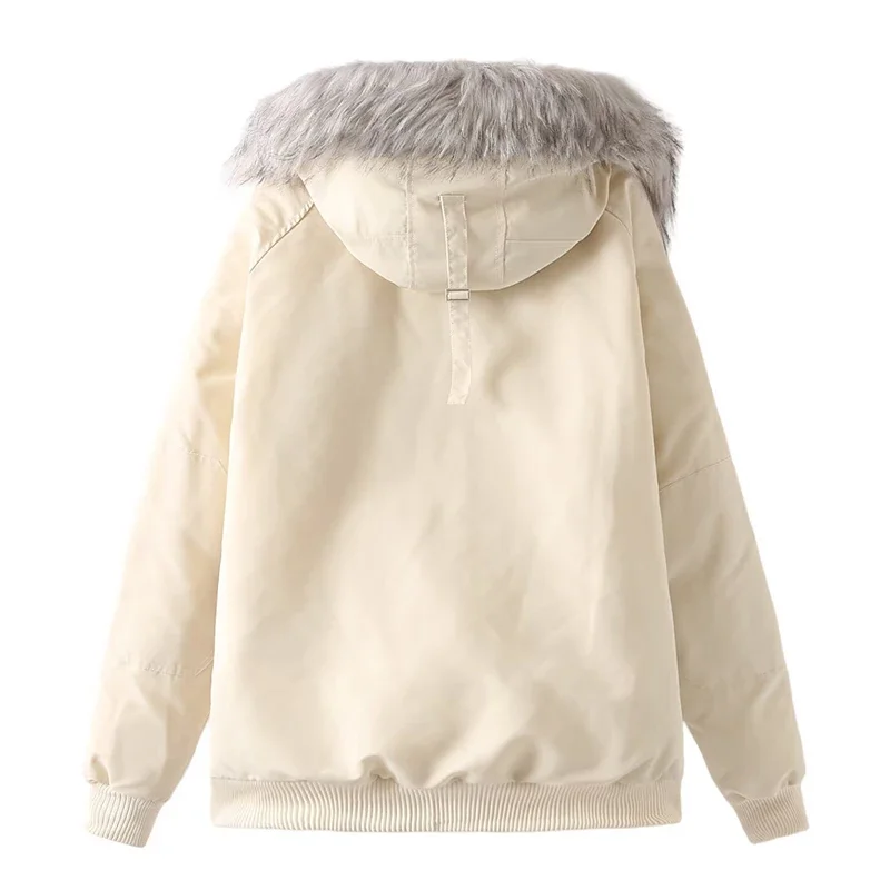 Winter New Women's Big Fur Snow Parka Simple and Versatile Vintage Cold Thicken Warm Fur Collar Hooded Cotton Padded Jacket