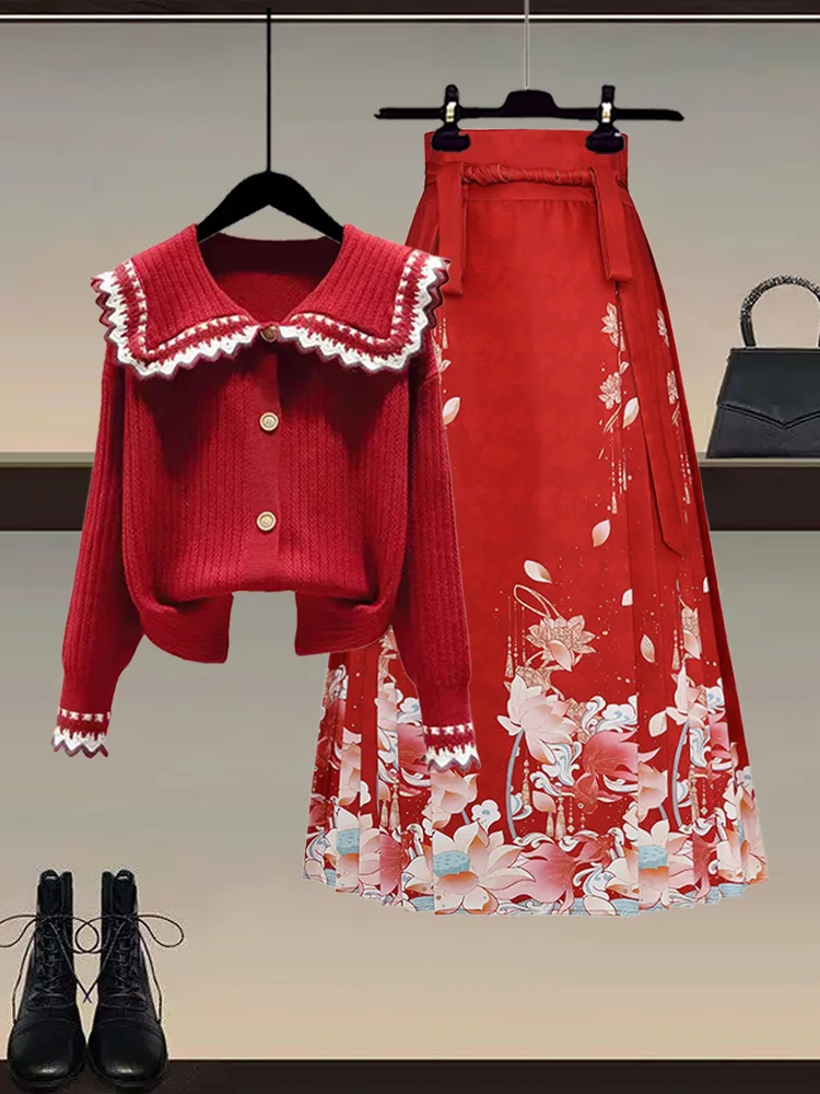 

New Year Red Doll Collar Knitted Winter Sweater And Hanfu Skirt Two Piece Set Festive Chinese Sle Polyester Fiber Dr