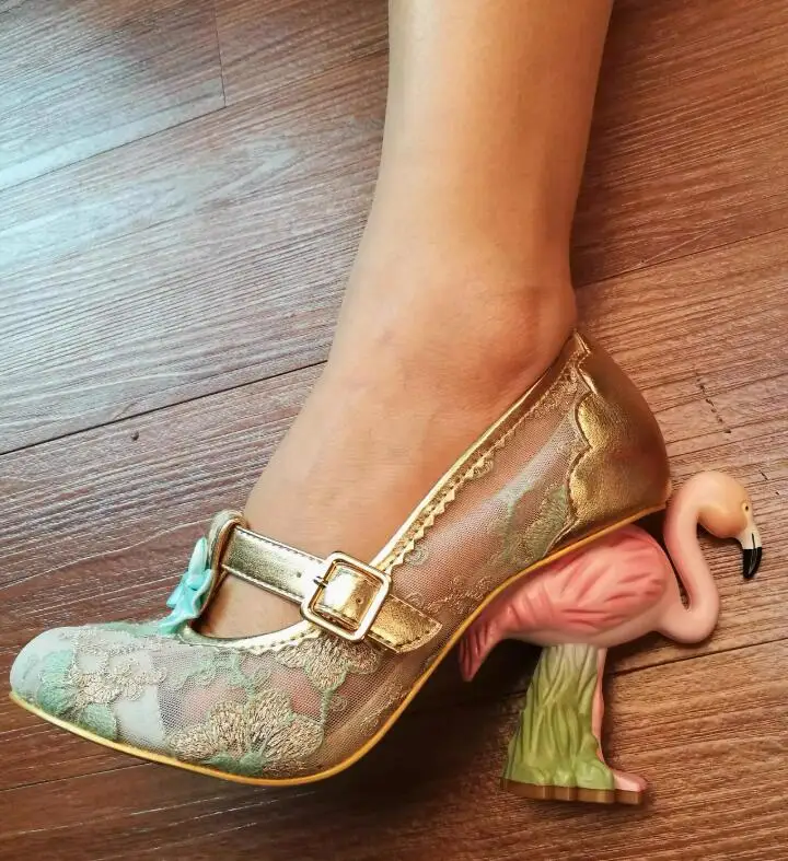 Beauty Flower Embroidery Lace Round Toe T- Strap Banquet Shoes Novelty Flamingo High Heel for Girls Mary Jane Women Pumps