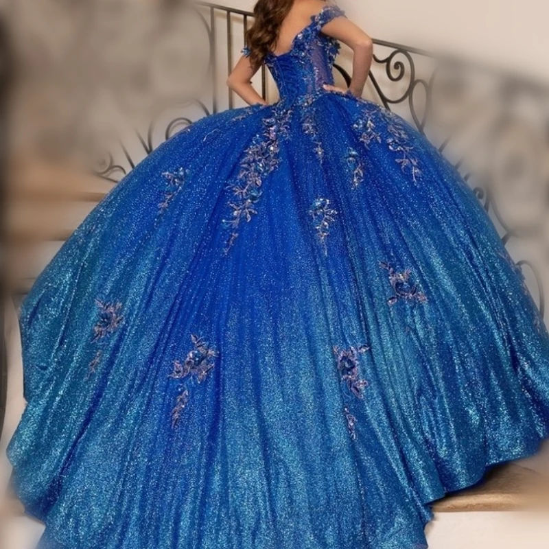 

Custom Made Shinny Blue Prom Dresses Women Birthday Party Gown Flower Applique Wedding Guest Gown vestido de 15 años quinceañera