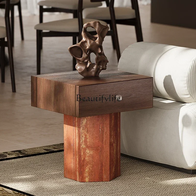 

Solid wood natural travertine edge living room sofa retro style home multi-functional bedside table