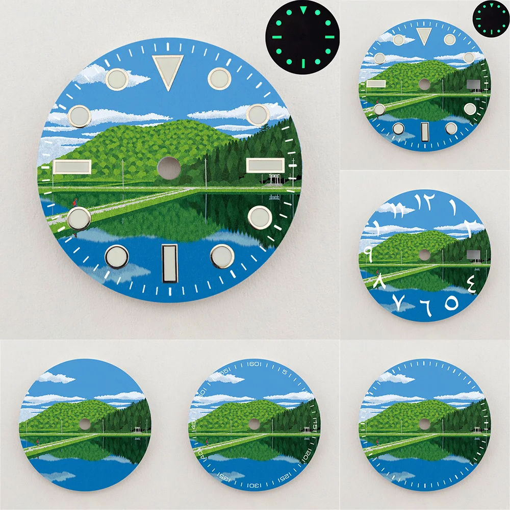 28.5mm NH35 Dial Lake Mountain Reflection Scenery Dial Luminous Dial Colorful NH36 Dial Watch Accessories Fits NH35/36 Movement
