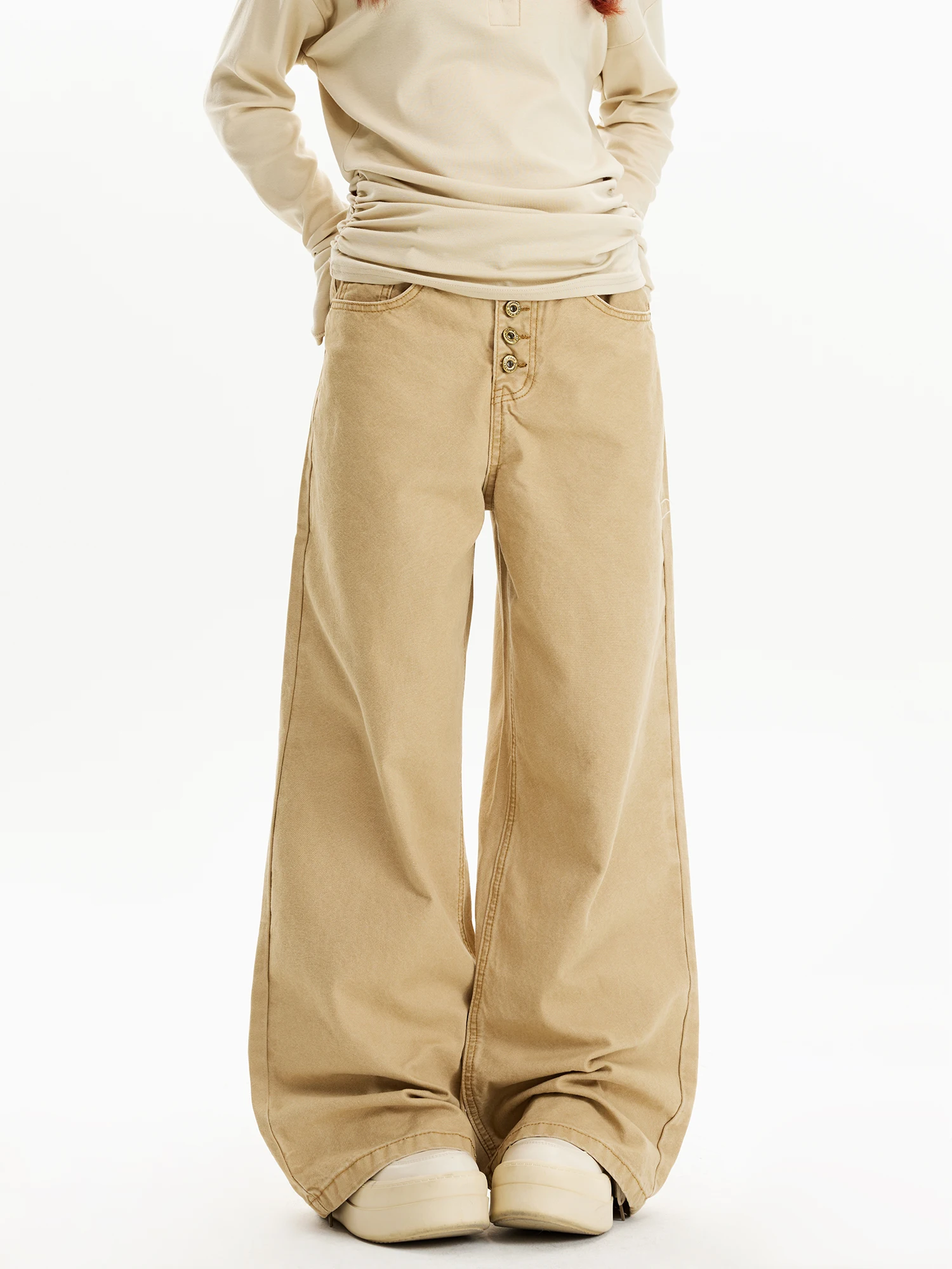 

Damon Island American Retro Multi-Button Original Work Pants Men's Women's Straight Loose Waed Design Long Pants Couples