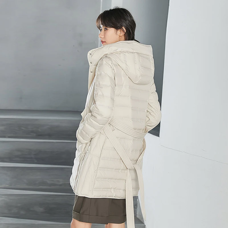 Chericom Women's Mid-Length Down Jackets Belted Lightweight High-neck Hooded Puffer Coats Warm Winter Padded Jacket Y258103Y