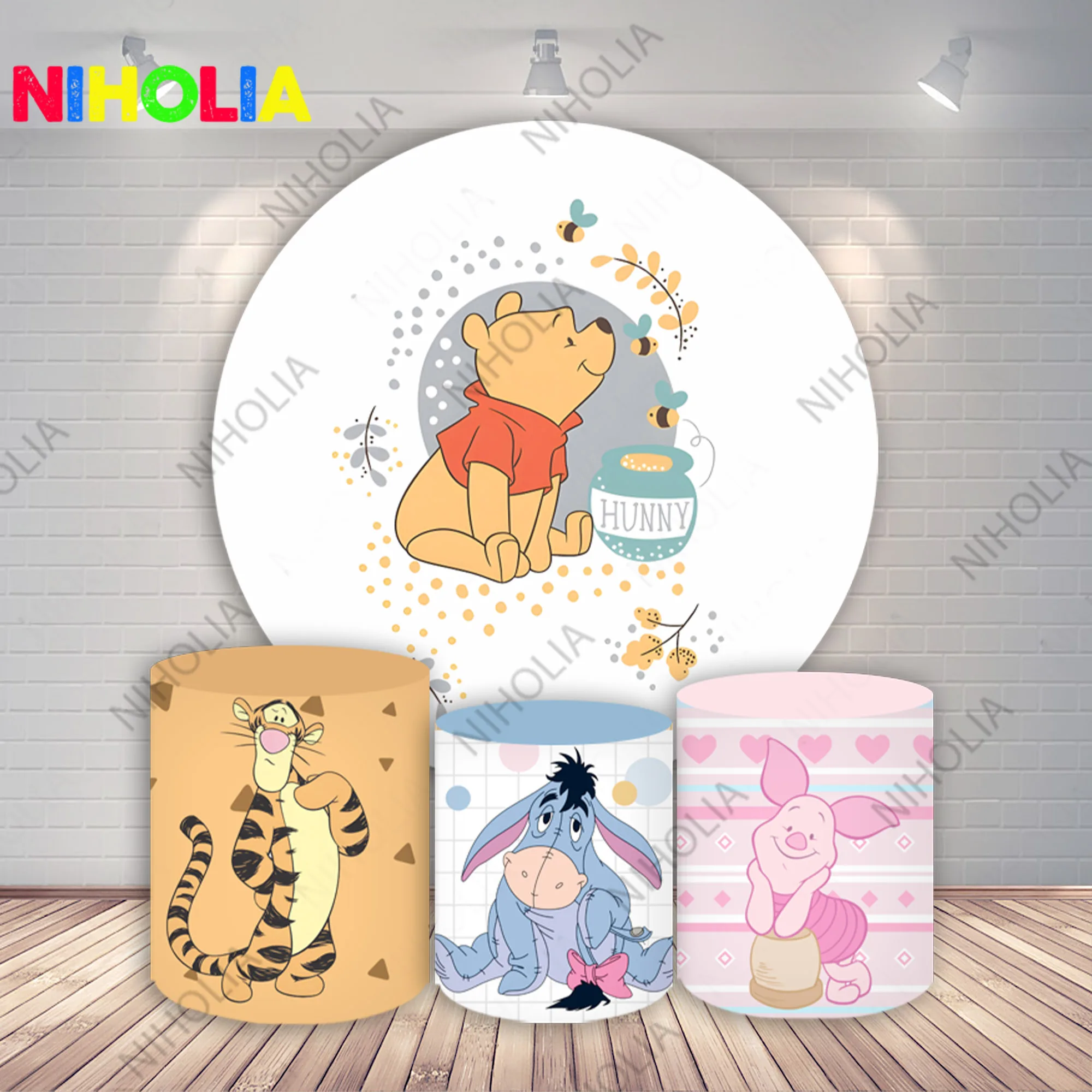 

Winnie the Pooh & Friends Round Backdrop Cylinder Covers Kids Birthday Party Baby Shower Circle Covers Photography Props