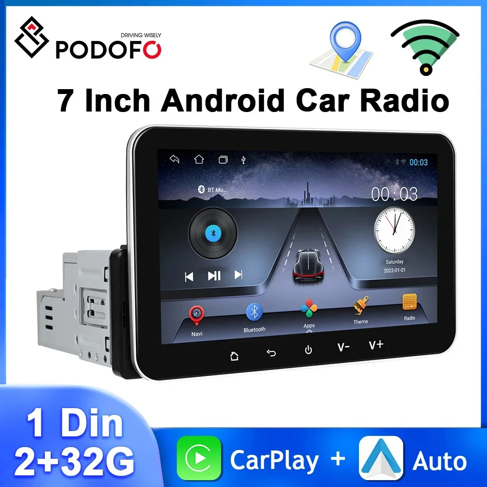 Podofo 2+32G Android Car Radio 7'' 1Din Multimedia Player Carplay Android Auto GPS Navigation WIFI EQ 4Core Bluetooth Car Stereo