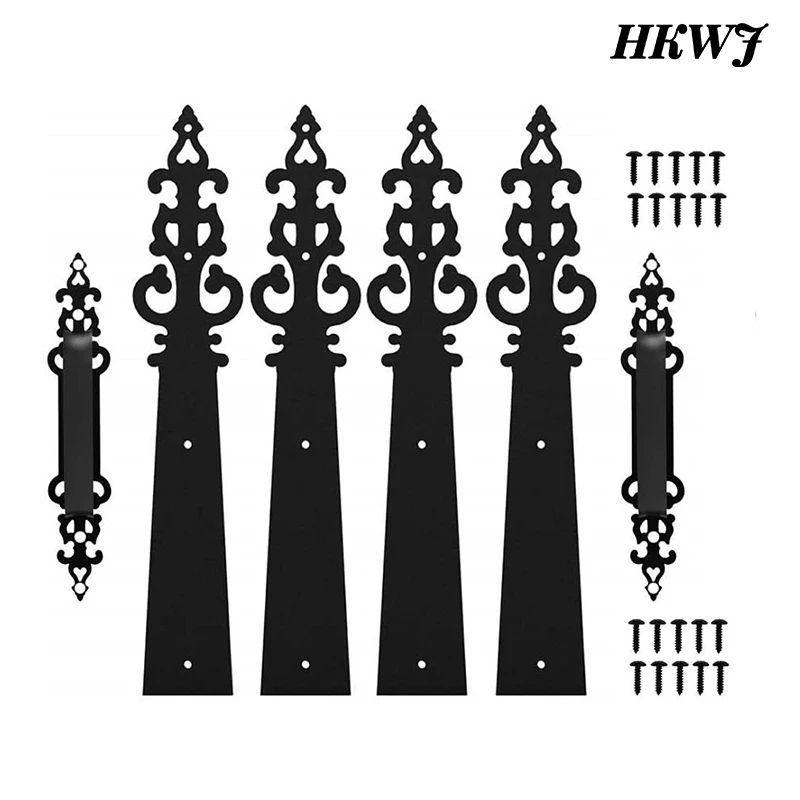 

Metal Gate Door House Hinge Handle Set Decorative Garage Door Carriage Door Hardware Black 2 Handles 4 Hinge with Screws