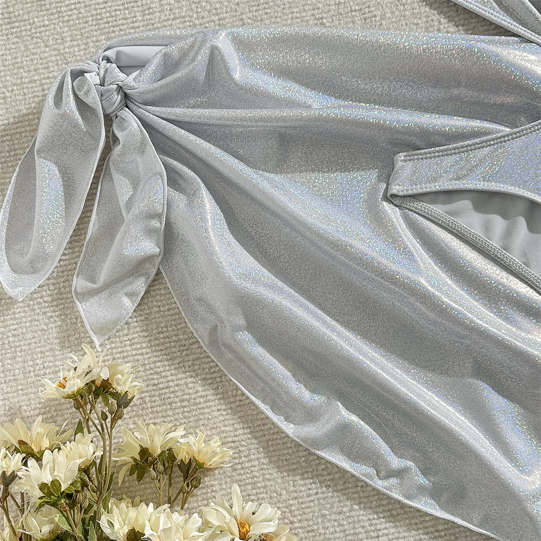 Mit Sarong Glitzer Funkelnder Einteiliger Badeanzug mit tiefem V-Ausschnitt für Damen, Badebekleidung, Damen-Badeanzug mit Ausschnitten und Neckholder, Badeanzug V5754 – Detail 21