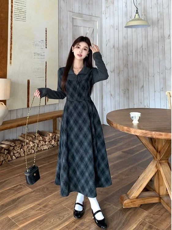 

Женское осенне-зимнее платье больших размеров в клетку, А-силуэт, с завышенной талией, в стиле колледж, ретро, имитация двух частей, длинное