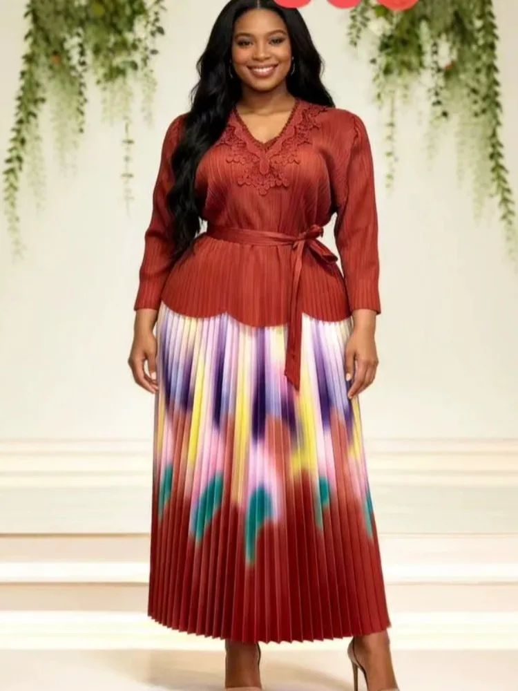 

2026 Loose Women's Two-piece Miyake Pleated Set Toothpick Pleated Top Sun Pleated Printed Skirt Set