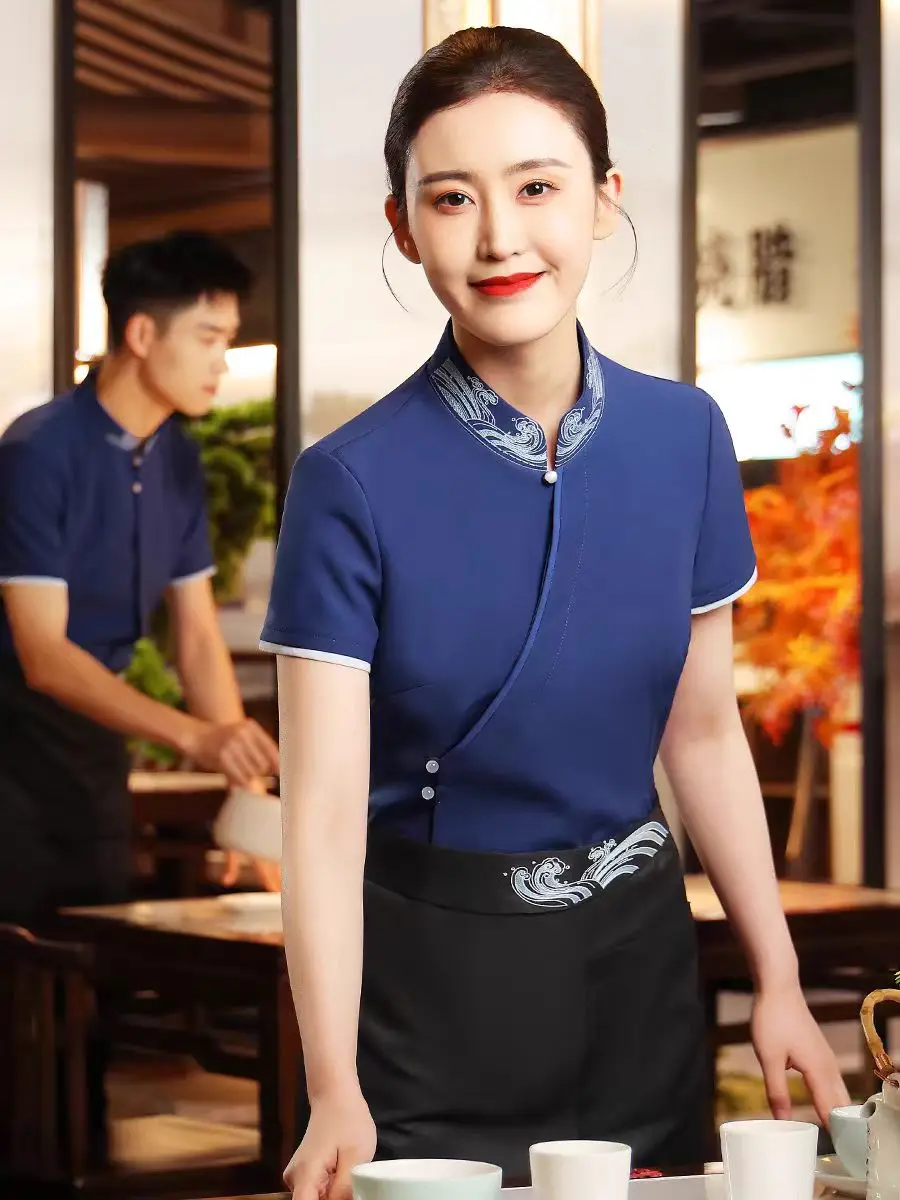 Chinese Restaurant Waiter Work Clothes Summer Hotel Hotpot Store Working Top and Apron Set Tea Cafe Staffs Uniform Free Shipping