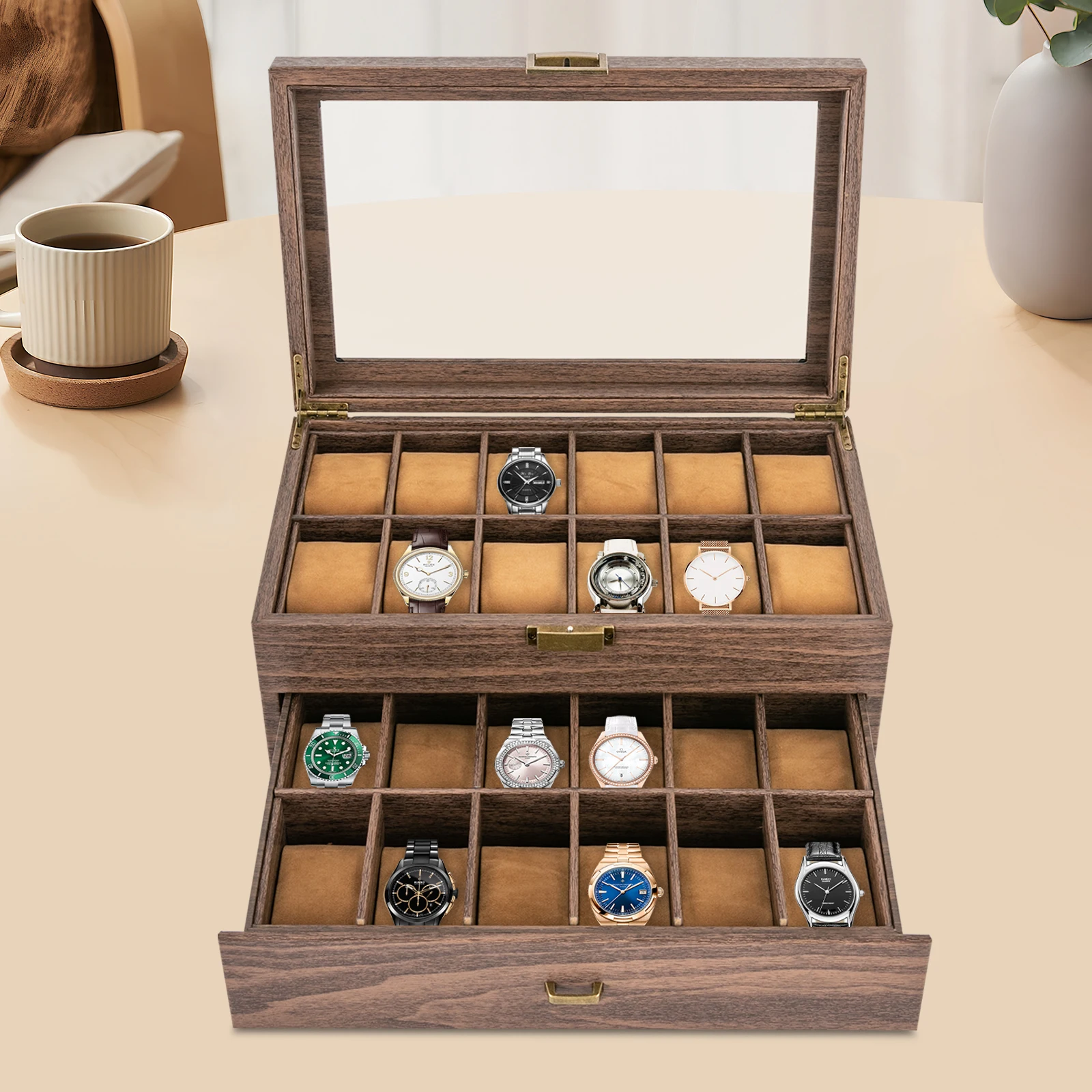 

[Watch Box Organizer] 24 Compartment PU Leather Watch Jewelry Organizer - Glass Lid Soft Pillows Display Storage - for Dresser C