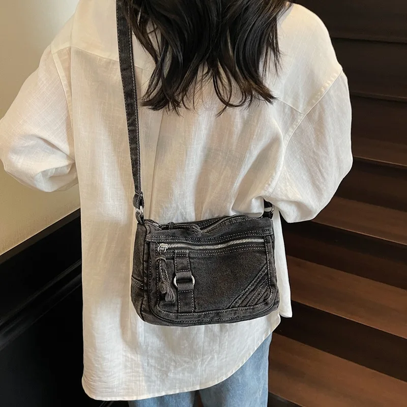 

Women's Washed Denim Crossbody Bag, Vintage Jean Shoulder Purse with Multiple Zipper Pockets, Casual Y2K Sling Bag
