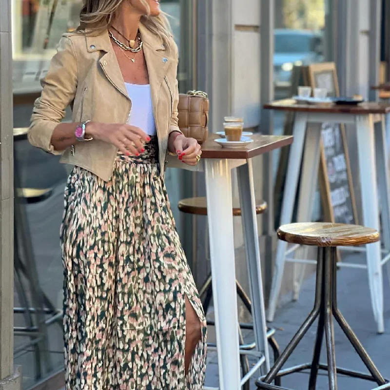 

Модный замшевый комплект с лацканами и полуюбкой на молнии, женский повседневный костюм с длинной юбкой и длинными рукавами, элегантная уличная драпированная одежда