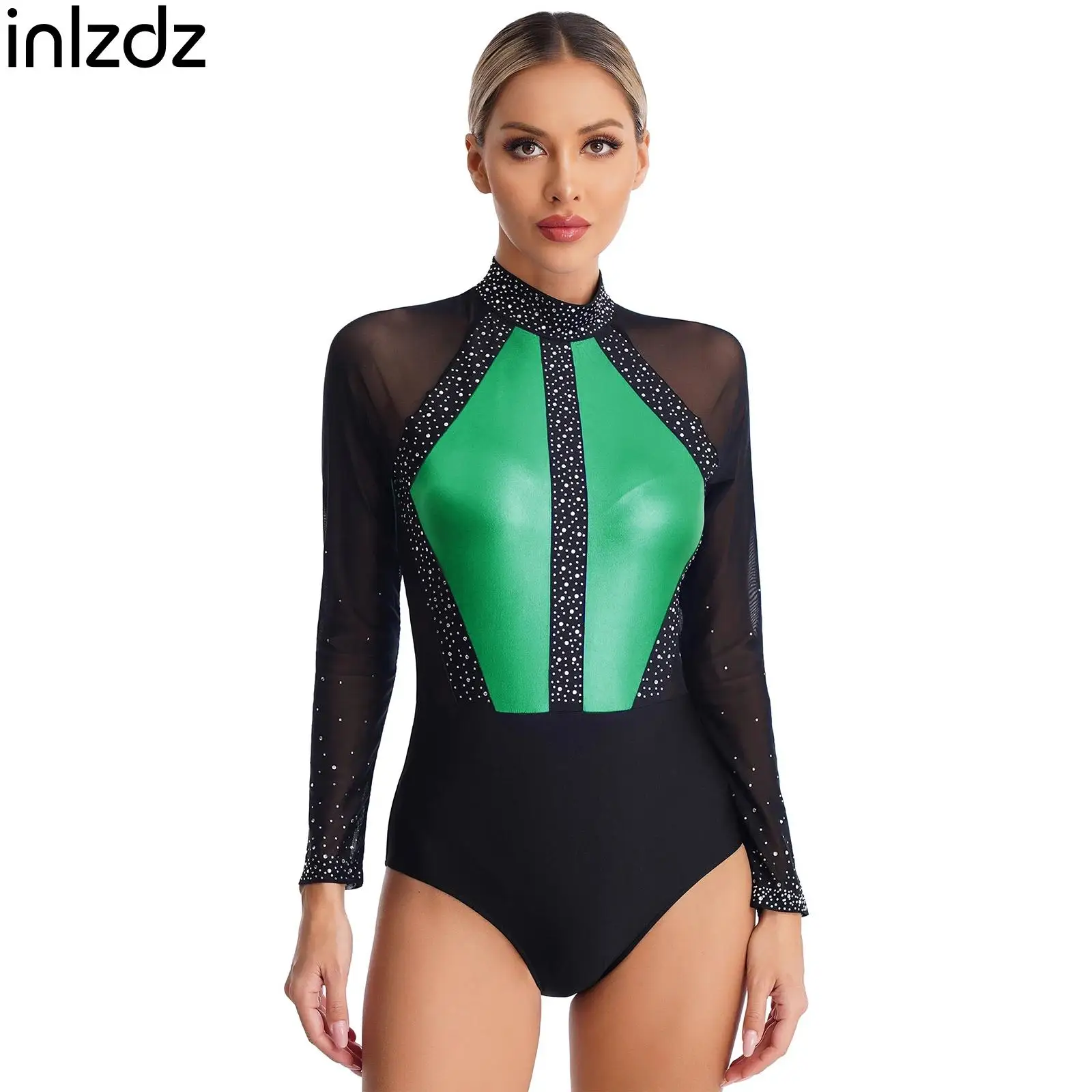 

Womens Rhinestones Figure Skating Costumes Gymnastics Leotard Ballet Dance Costumes Long Sleeves Bodysuit Jumpsuit Dancewear