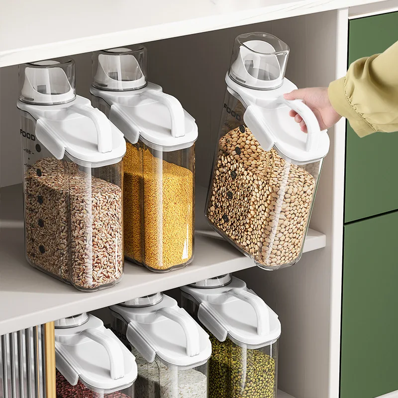 Portable Plastic Transparent Sealed Box Sealed Jar Kitchen Grain Household Rice Storage Bucket With Measuring Cup Kitchen Tools
