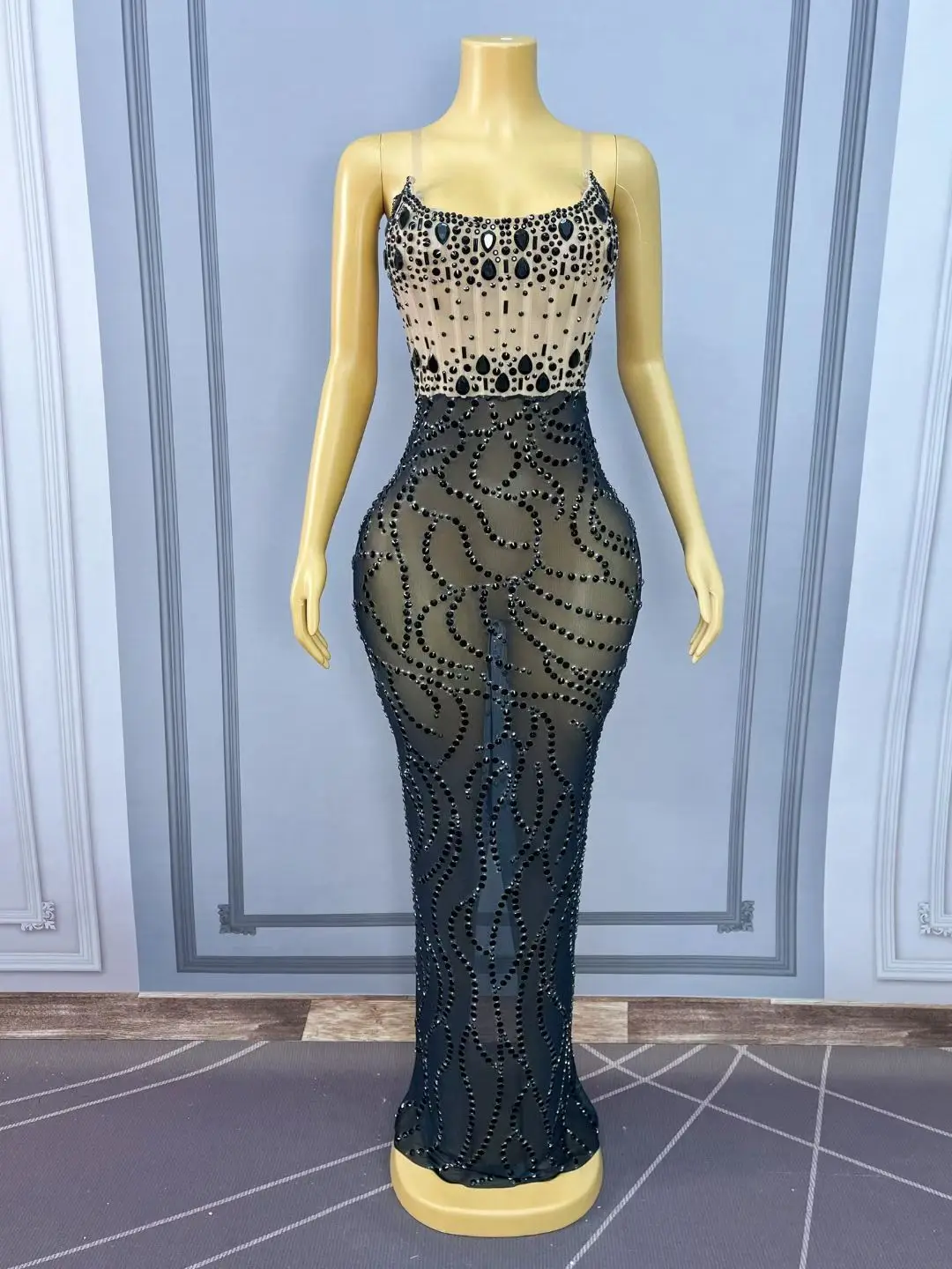 Women Luxury Prom Gowns Black Rhinestones Patchwork High Stretchable Maxi Long One Piece Celebrity Evening Party Gala Gowns