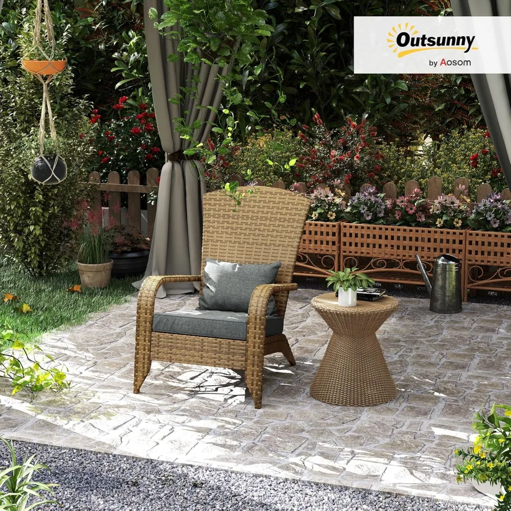 كرسي آديرونداك من Outsunny Patio Wicker، كرسي حفرة النار من الروطان مناسب لجميع الأحوال الجوية في الهواء الطلق مع وسائد ناعمة ومسند ظهر منحني طويل القامة وC