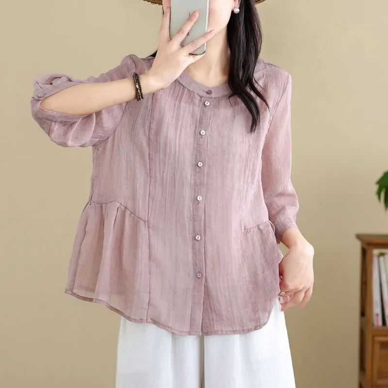 

Three-quarter Sleeve Solid Color Cotton Linen Women's Summer New Fashion Temperament Top Doll Skirt Literary Retro