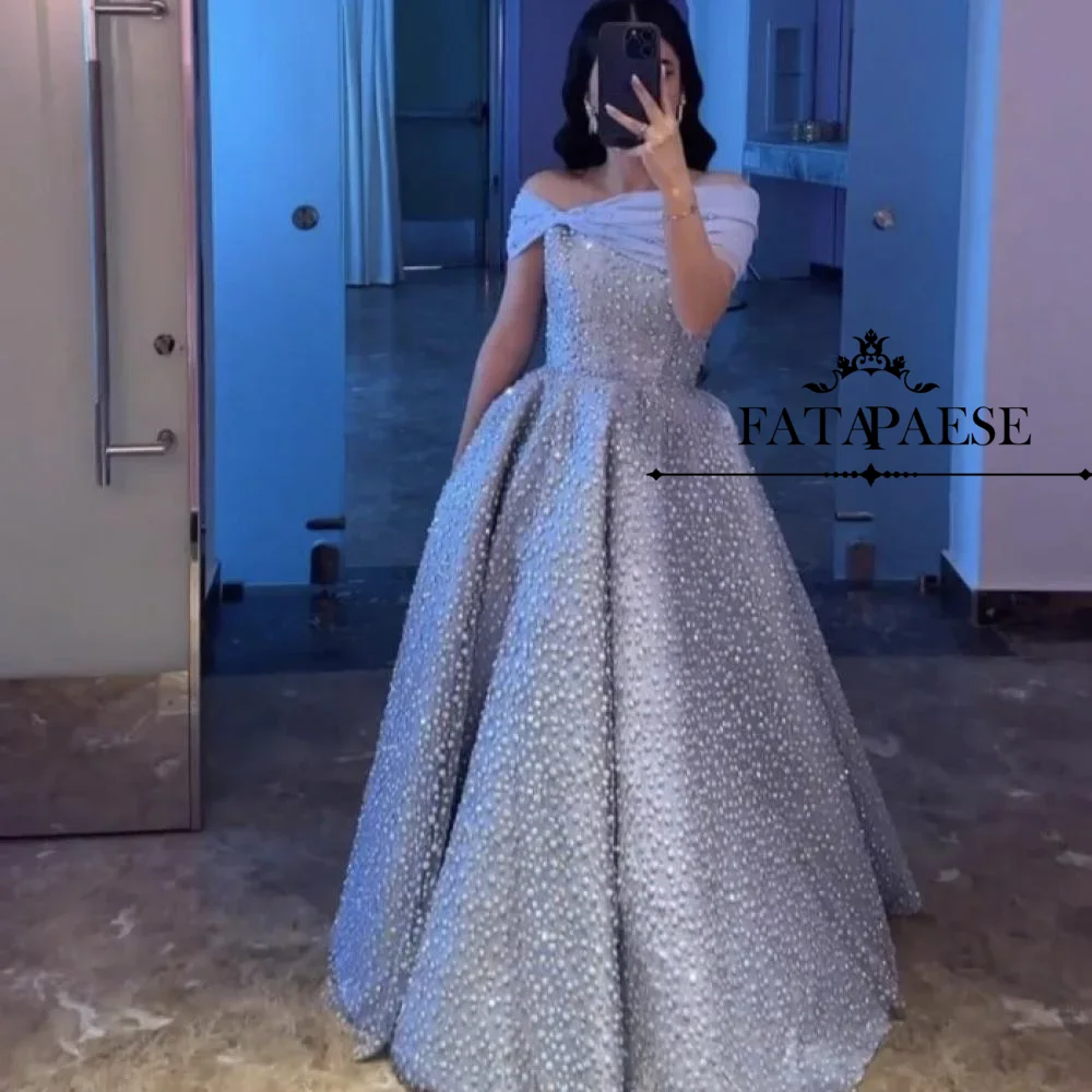 

FATAPAESE Customized Strapless A Line Luxury Evening Dresses Pearl Draped Off The Shoulder Elegant Asymmetrical Sleeveless Dress