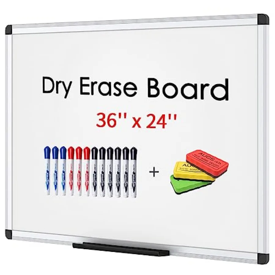 

Magnetic Dry Erase Board 36 X 24 Inches, Silver Aluminium Frame, with 3 Colored Erasers and 12-Count Dry Erase Markers