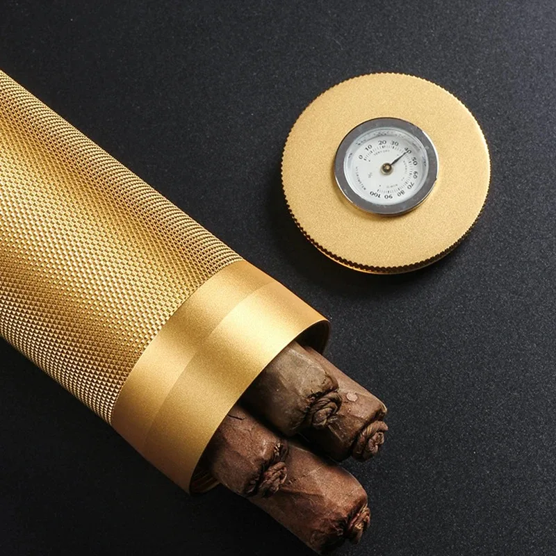 Portable Cigar Tube Humidor Gadgets Travel Aluminium Alloy Jar Metal W/ Humidifier Hygrometer Cigar Accessories